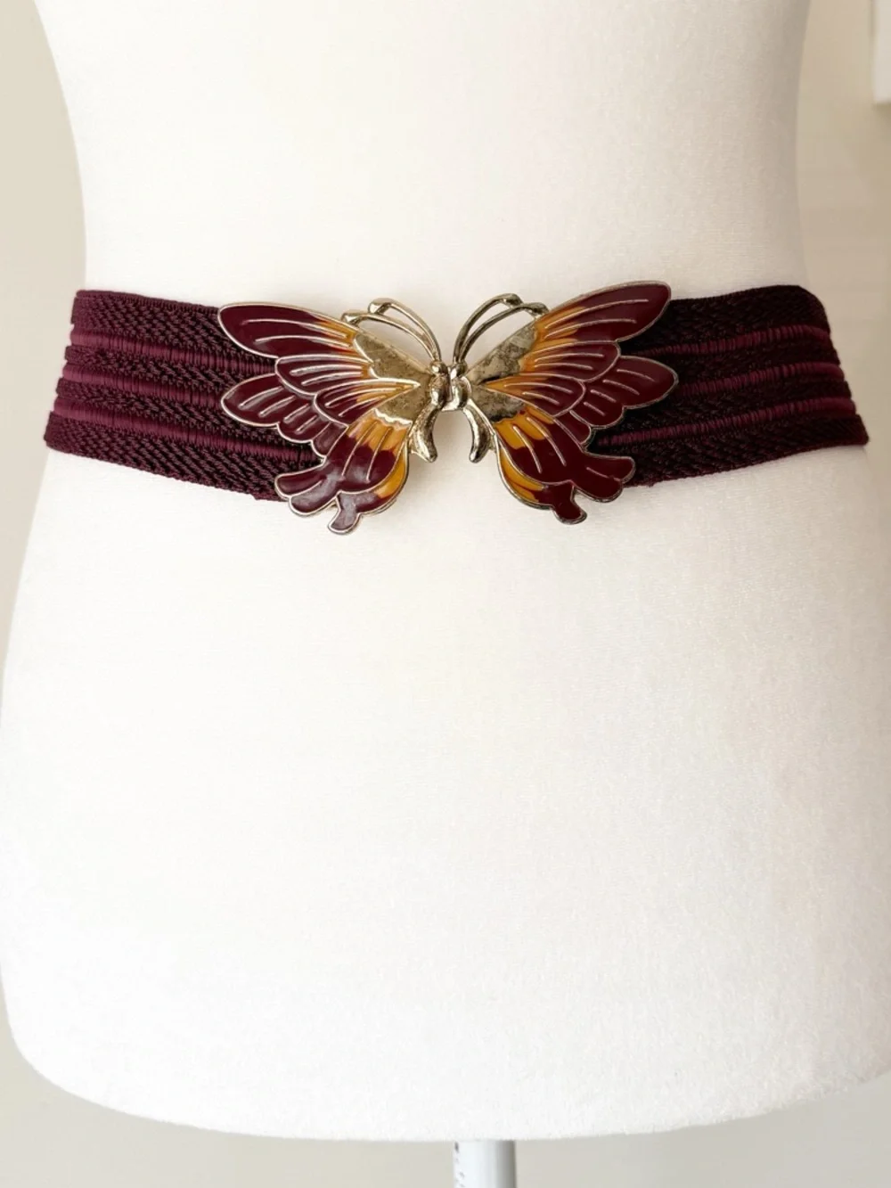Vintage 80s Burgundy Enamel Butterfly Buckle Elastic Waist Textured Belt Size XL - Picture 14 of 15